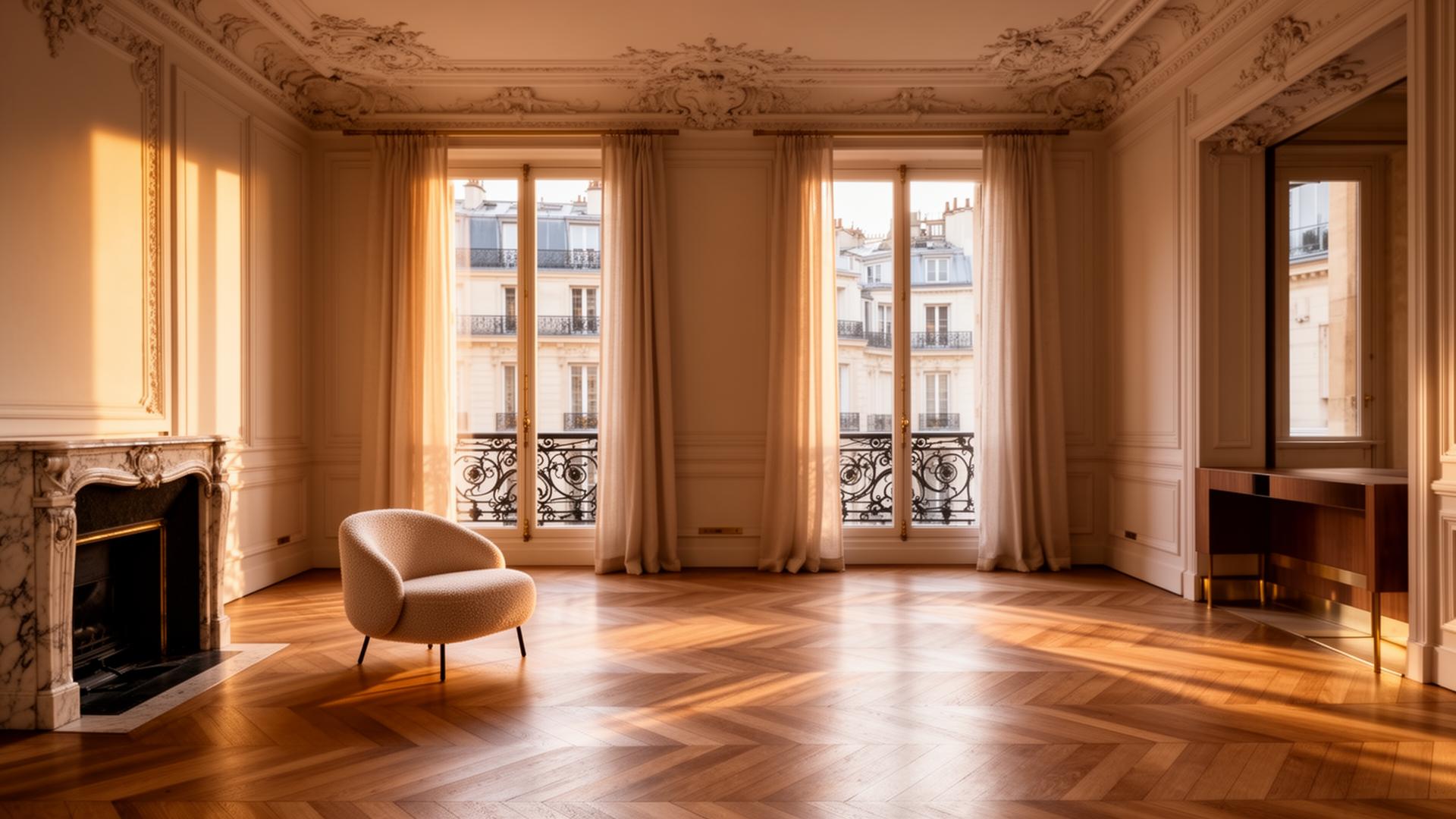 Illustration d’un intérieur haussmannien avec enfilade de pièces et grandes fenêtres