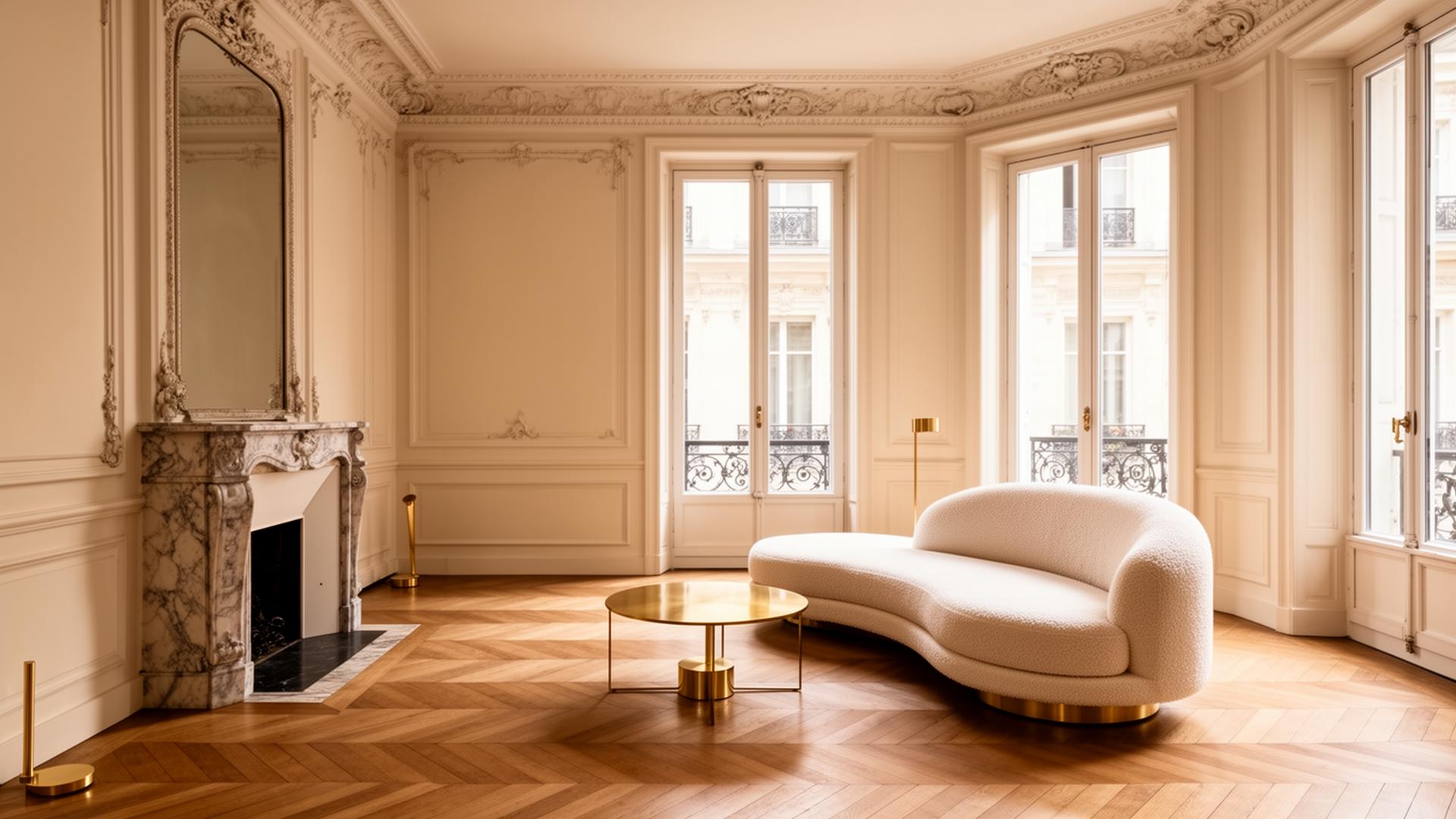 Illustration d’un salon haussmannien avec moulures, cheminée et parquet