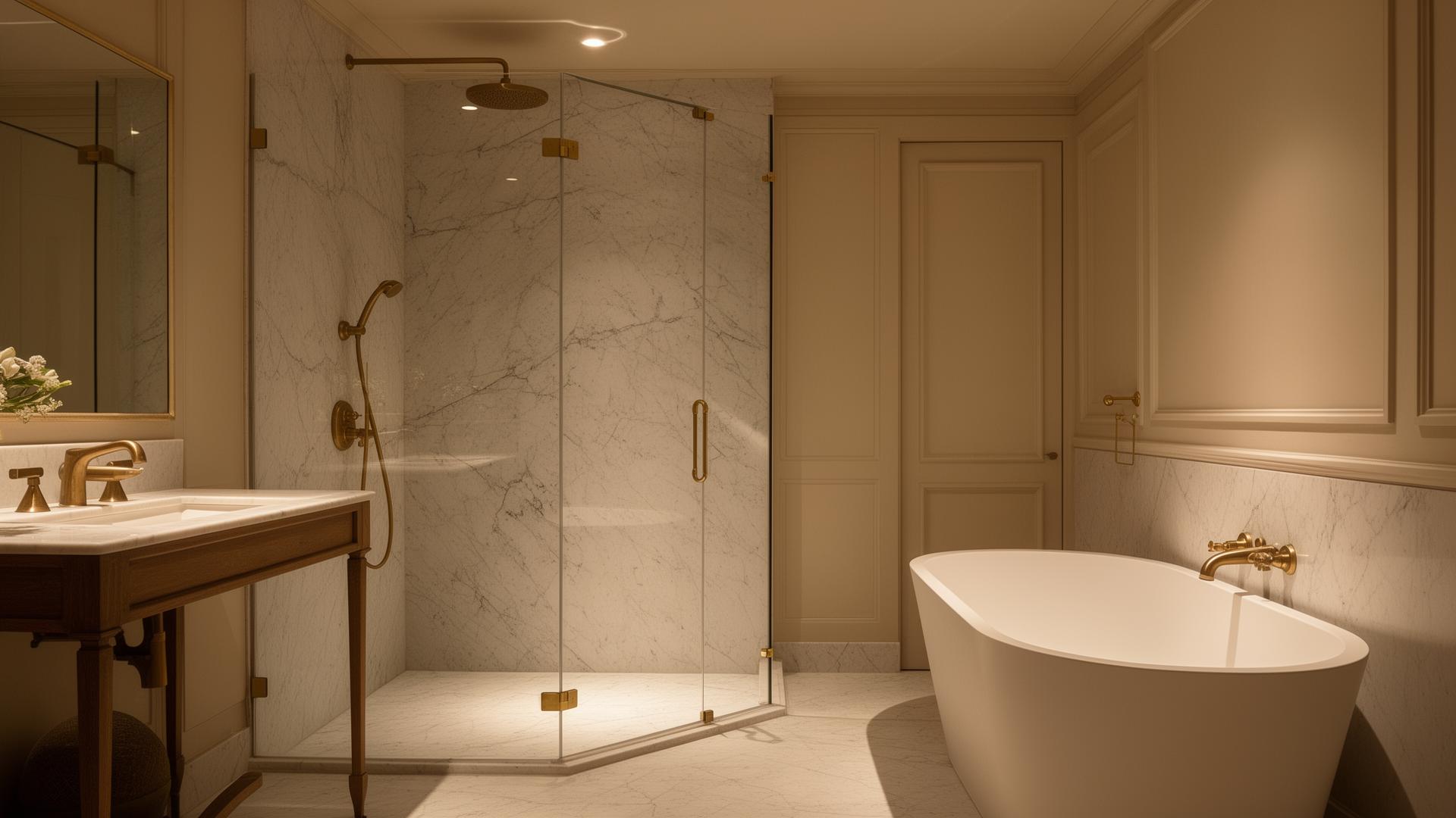 Illustration d’une salle de bain en marbre avec robinetterie laiton